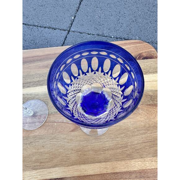 Somerset Cobalt Blue Cut to Clear Crystal Wine Glasses 6.75”~Set of 2 - Picture 5 of 7